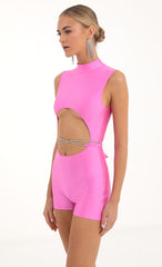 Rhinestone Cutout Romper in Pink