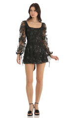 Floral Glitter A-Line Dress in Black