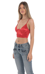 Satin V-Neck Crop Top in Red