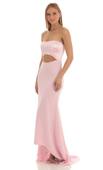 Satin Corset High Low Crepe Maxi Dress in Pink