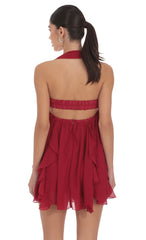 Halter Ruffle Babydoll Dress in Maroon
