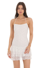 Halter Lace Ruffle Dress in White