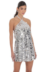 Circle Sequin Halter Shift Dress in Silver