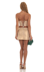 Faux Leather Two Piece Skirt Set in Gold