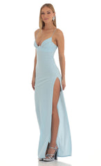 Crepe Rhinestone Corset Maxi Dress in Blue