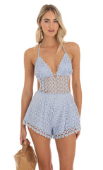Cutout Crochet Romper in Blue