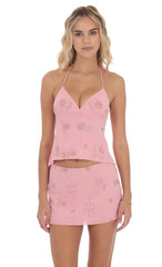 Sequin Beaded Floral Top in Pink