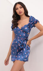 Puff Sleeve Satin Wrap Dress in Blue Floral