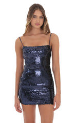 Sequin Square Neck Bodycon Dress in Navy