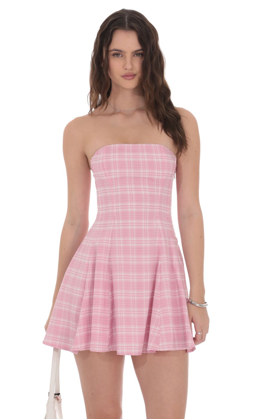 Plaid Corset Strapless Dress in Pink