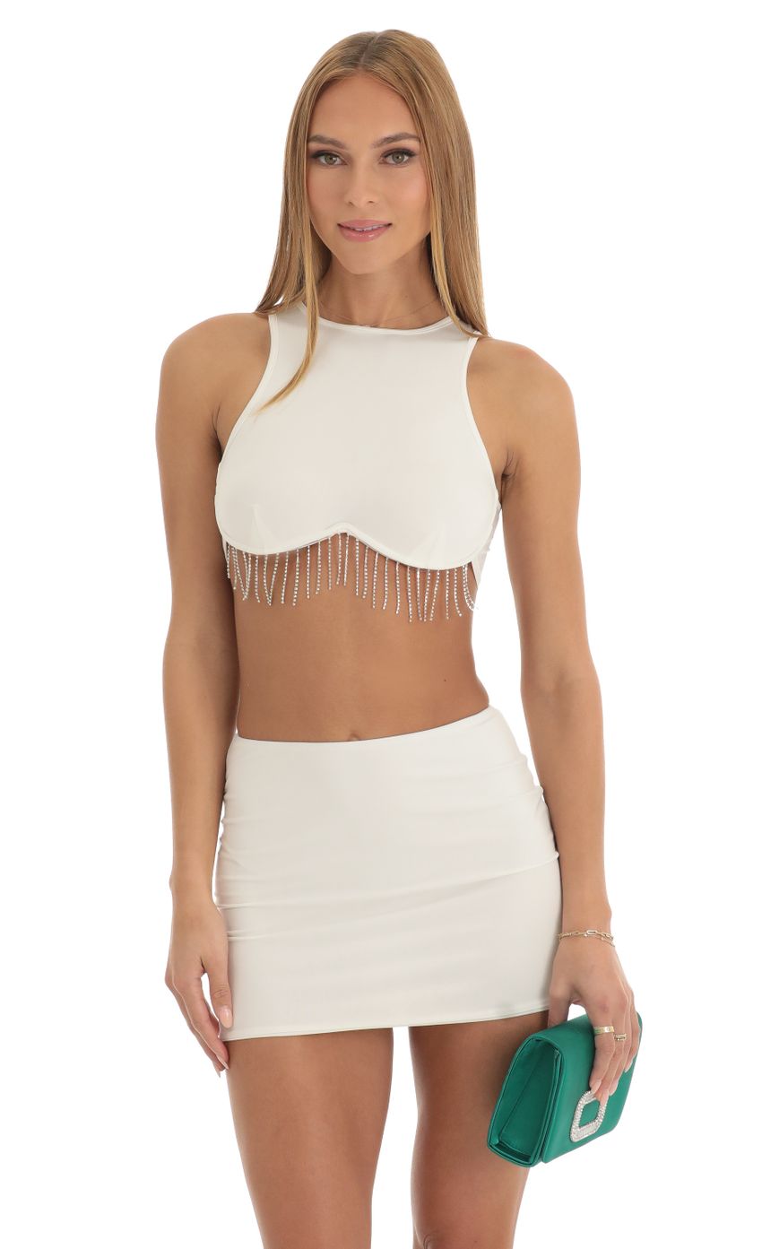 Rhinestone Reverse Sweetheart Two Piece Skirt Set in Cream