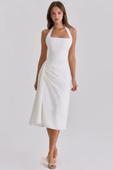 White Halter Neck Cotton Midi Dress