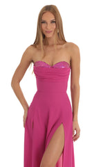 Sequin Bust Crepe Maxi Dress in Hot Pink