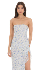 Strapless Floral Lace Ruffle Slit Dress in Pastel Blue