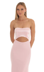 Satin Corset High Low Crepe Maxi Dress in Pink