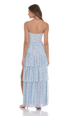Floral Mesh Ruffle Maxi Dress in Blue