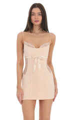 Lace Cutout Bow Dress in Peach